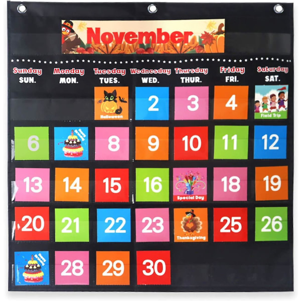 Svart månedlig kalenderlommediagram med 88 kort, svart pedagogisk lommediagram for barn som lærer hjemme eller på skolen