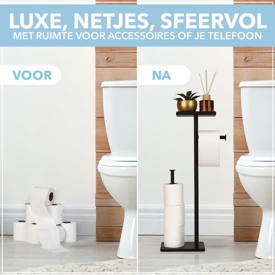 Fritstående toiletpapirholder 3 i 1 med hylde og opbevaring til reservepapir, ingen boring, rustfrit stål gulvstativ til badeværelset, sort
