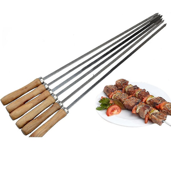RYO_6 stk Grillspyd i rustfritt stål med trehåndtak, gjenbrukbare pinner for grilling