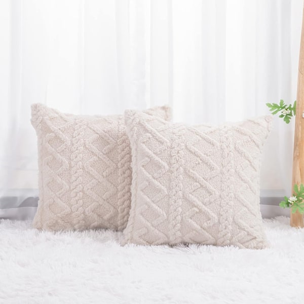 Sæt med 2 Bløde Plys Fuzzy Kort Uld Fleece Pudebetræk 18x18 tommer Grålig Beige Firkantet Mønstret Pudebetræk Dekorative Pudebetræk