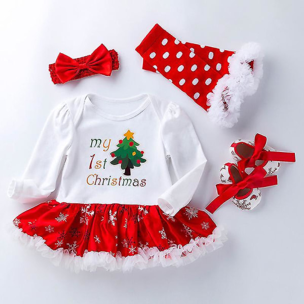 4st/ set Nyfödda baby Julklänning Outfit Pannband Benvärmare Skor Set M 3-6 månader Julgran Christmas Tree M 3-6 Months