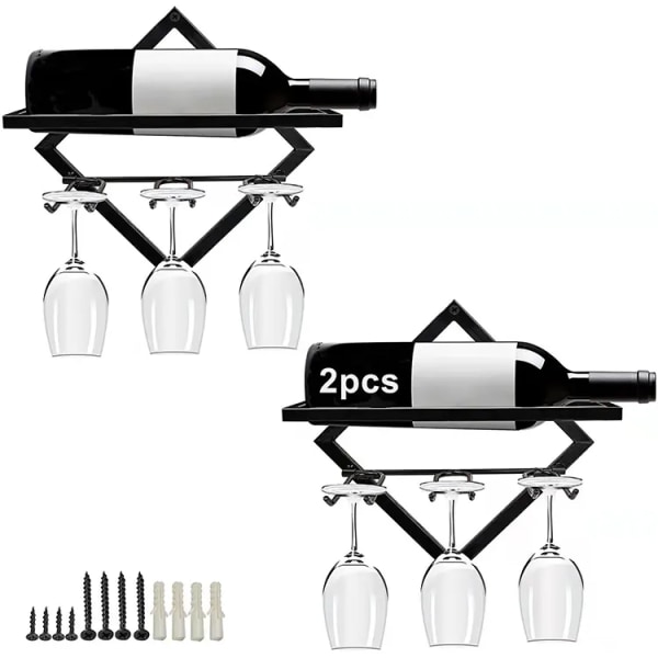 2 stykker - Veggmontert metall vinholder, vegghengende glassstativ, rødvinshyller med 3 stammeglassholdere