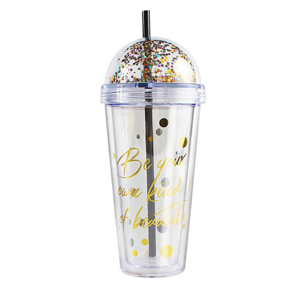 1 st 420ml Sekvensprydd Flaska med prickmönster Dubbelväggig Isolerad Transparent Vattenkopp Sugrör KoppDots21X9.5CM Dots 21X9.5CM