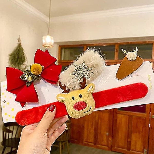 Julhårklämmor Plysch Snap Armband Söta plysch hårspännen för julfest Barn Presentpåse Fyllmedel (2st, röd)