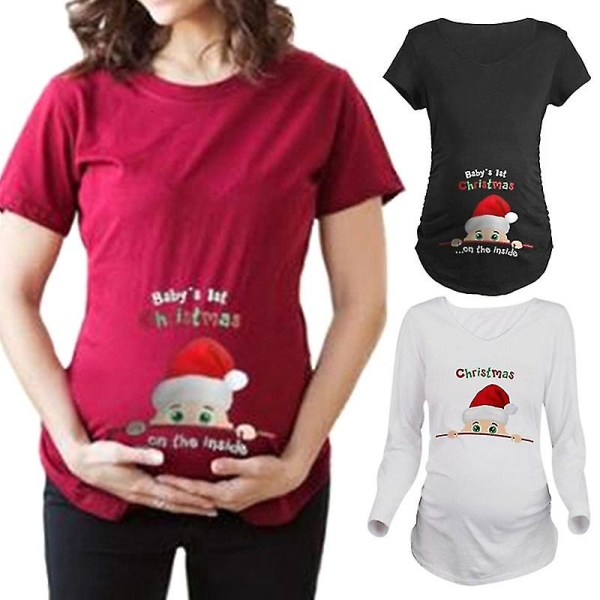 Gravid kvinna Jultomten med rund krage tryck andas T-shirt till julfest Vit långärmad White Long Sleeves l