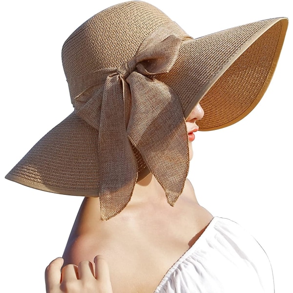 Bred brättad solskydd för damer halmhatt, hopfällbar floppy hatt, sommar UV-skydd strandmössa C1 f khaki C1 f khaki