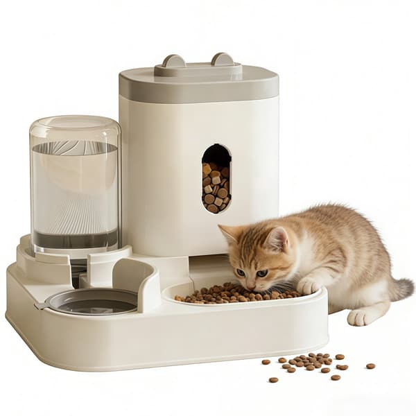 Automatisk kæledyrsfoder- og vanddispenser, tyngdekraftsfodret, anti-vælte, 2,3L/1L, til katte og små hunde, kakigrøn, 27 x 23 x 27 cm