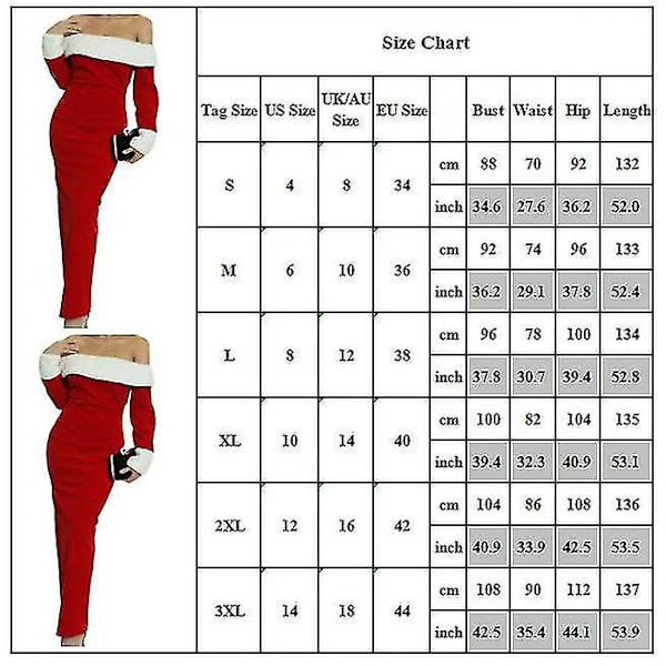 Kvindes Jul Off Shoulder Langærmet Bodycon Maxi Kjole Bryllup Fest Ballkjole 1XL Rød Red 1XL