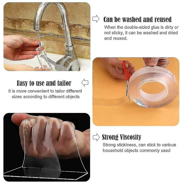 1/3/5m Nano Magisk Tape Dobbeltsidig Tape Transparent Gjenbrukbar Vanntett Selvklebende Tape Rengjøringsvennlig Hjem1M 1M