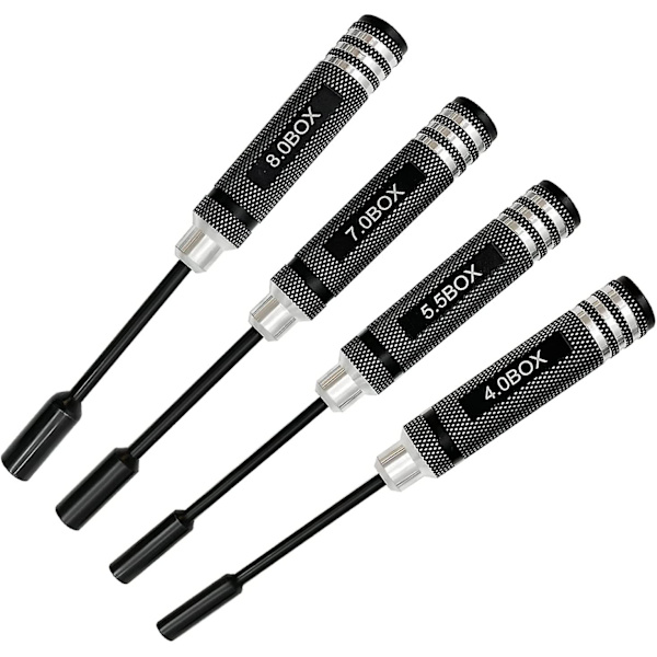 4 stk. RC Metal Hex Sokkel Nøglesæt - 4mm, 5,5mm, 7mm, 8mm - 80213 Værktøjssæt til Buggy, Truck, RC Bil (sort)