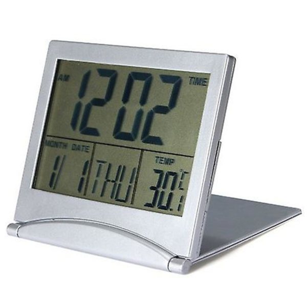 Digital vækkeur, bærbar, foldbar, temperatur, kalender, snooze, LED-display, med læderbetræk (1 stk., sølv)