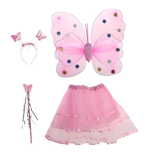 4-delars set ängel flicka älva kostymer dubbelskiktad pannband trollstav tutu kjol set (rosa)Rosa Pink