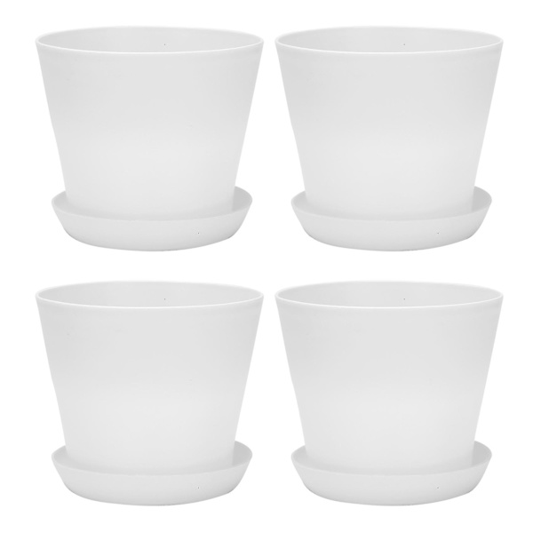 4x Plastik Planteblomst Potte Planter Med Underkop Rund Glans Hjem Have Dekoration, Hvid Øvre Cal
