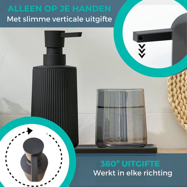 BUDDLEY Sæbedispenser Sæt med 2, Sorte Riflet Håndsæbepumpeflasker til Badeværelse, Køkkenbord og Toilet, Mat Sort