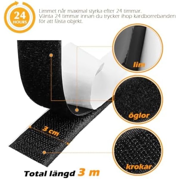 Dubbelsidig Kardborre 20mm x9m - Extra Stark Tejp för Alla Ytor Svart 30mm x 3m_ryy