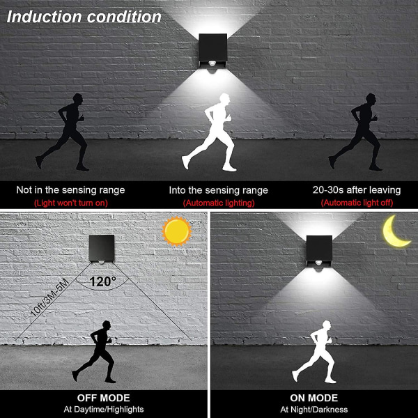 12W LED Vægmærke med Bevægelsessensor 2 stk. Vægmærke 3000K med Justerbar Strålevinkel Udendørs/indendørs Op og Ned Vægmærke IP65 Vandafvisende Grå