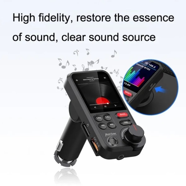 FM Bluetooth-sender for bil, sterk mikrofon Bluetooth-biladapter med 1,8 tommers fargeskjerm for håndfrie samtaler, støtter QC