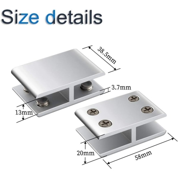 Glasbeslag, 4 stk. Justerbare Dobbeltsidede Aluminiumlegerings Glashyldebeslag, Glasbeslag Holder til 10-12mm Tykkelse