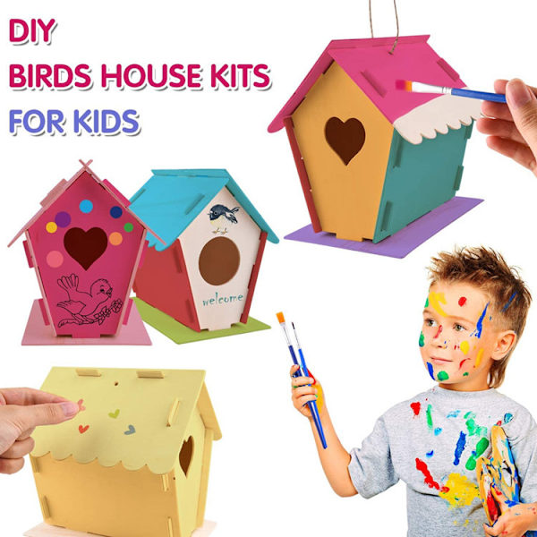 2 Pakk DIY Ubehandlet Tre Fuglehus Bygg og Mal Ditt Fuglehus i Hage, Kunst Håndverk Treleker for Jenter Gutter