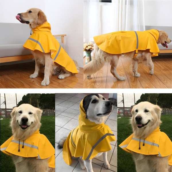 Large Dog Raincoat Adjustable Pet Water Proof Clothes Lightweight Rain Jacket Poncho Hoodies with Strip Reflective (XXL, Yellow)