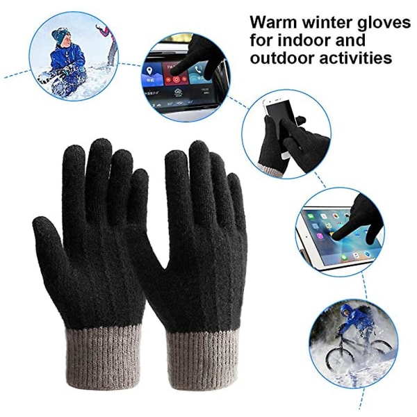 Vinterhandsker til kvinder, varme strikkede touch screen-handsker med anti-slip termisk foring og uldforing - Sort Black