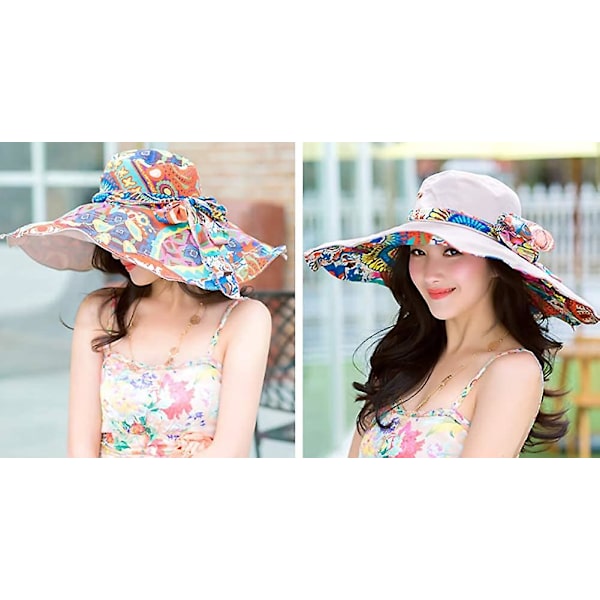 Damhatt Solhatt Packbar Vändbar Bucket Hat UV-skydd Bredbrättad Sommar Strandkeps En Blommig Beige A floral Beige