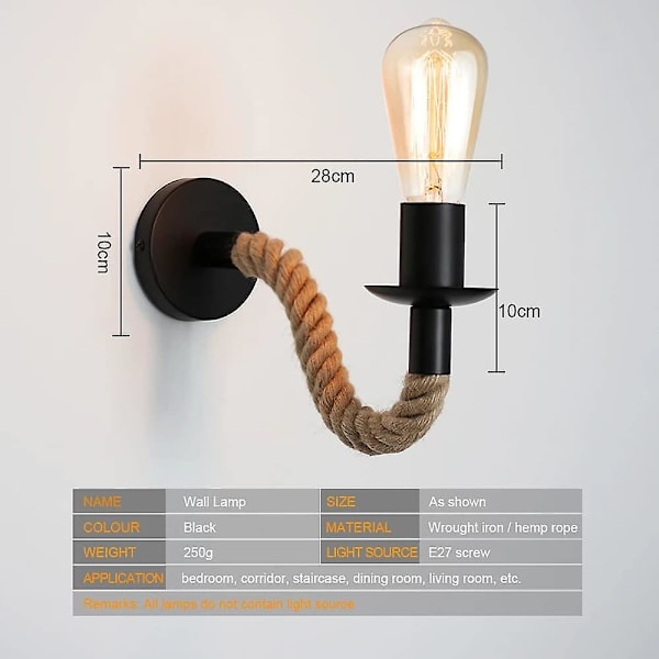 2 stk Retro Hørtov Vægslampe Industrielt Vægskilt Passer til Gang eller Soveværelse E27 Lamper, 110/220v (uden Pære)