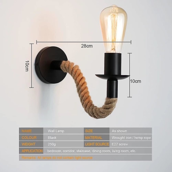 2kpl Retro hamppuköysi seinäkevyt teollisuusseinälamppu sopii käytävän tai makuuhuoneen E27-lamppuihin, 110/220v (ilman polttimoa)