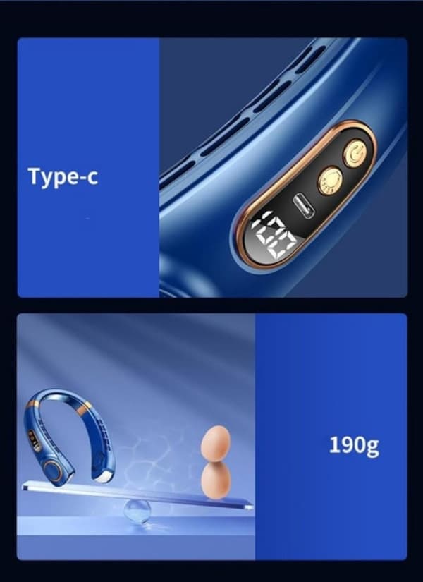 Halsventilator med LED-display, bladløst design, 5 hastigheder, USB-C genopladelig, 1800mAh, til udendørs aktiviteter og løb, blå
