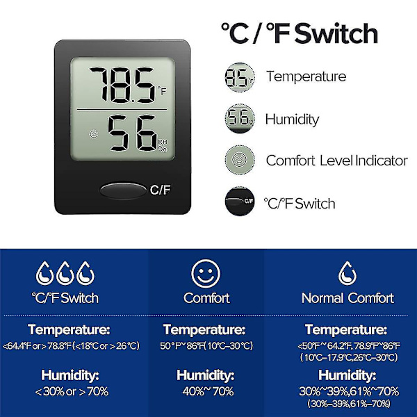 Mini LCD Digitaalinen Sisälämpömittari Hygrometrit Tarvikkeet Sopii Kasvihuoneisiin, Viinikellareihin, Kellareihin Musta Black