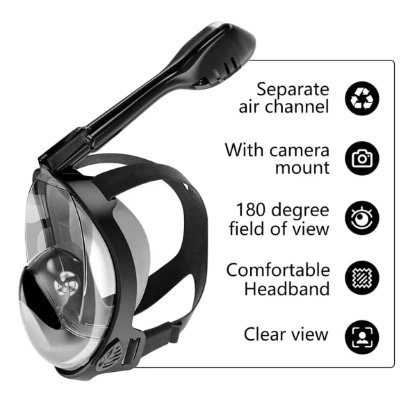 Fold 180 grader panoramaudsigt Snorkelmaske i fuld ansigt Anti-dug Anti-lækage med kameramontering, med det seneste tørt åndedrætssystem Snorkelmaske, Snorke