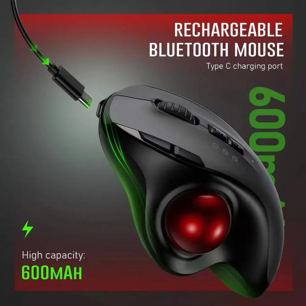 2,4G+Dual Bluetooth trådløs Trackball-mus, 3-enhedsforbindelse ergonomisk mus, genopladelig Ergo-mus med USB-C-port og 3D