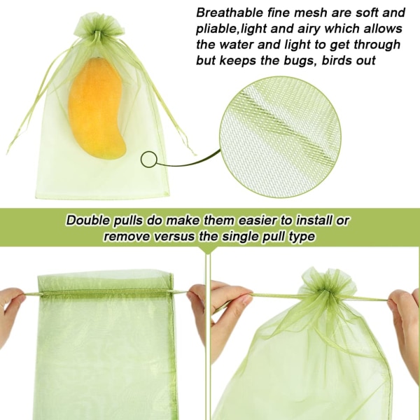 100 st Fruktskyddspåsar 8x12 tum, gröna cover Dragsko Mesh Fruktskydd Skadedjursbarriär för vindruvor Mango