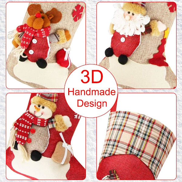 Julstrumpor, 3-pack julgåvosäckar, hängande julstrumpor med tomte, ren och snögubbe juldekoration för eldstadsträ