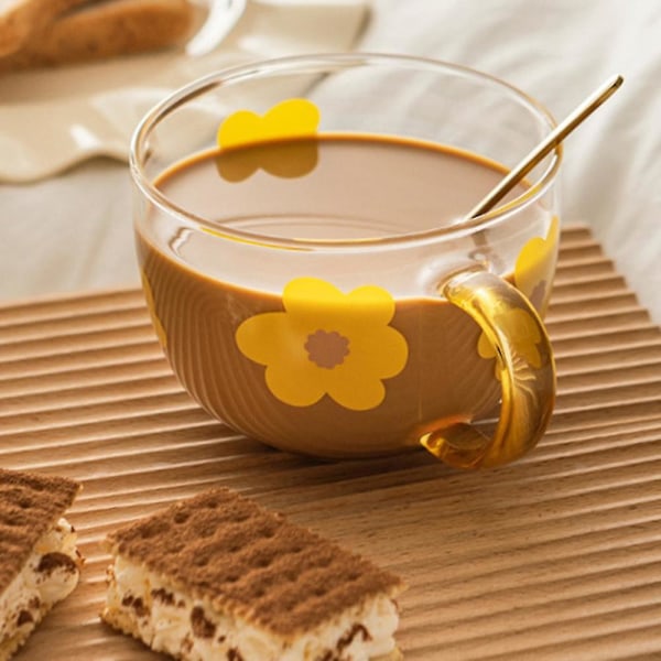 500 ml Glasmjölkmugg med blommönster, med sked Rosa