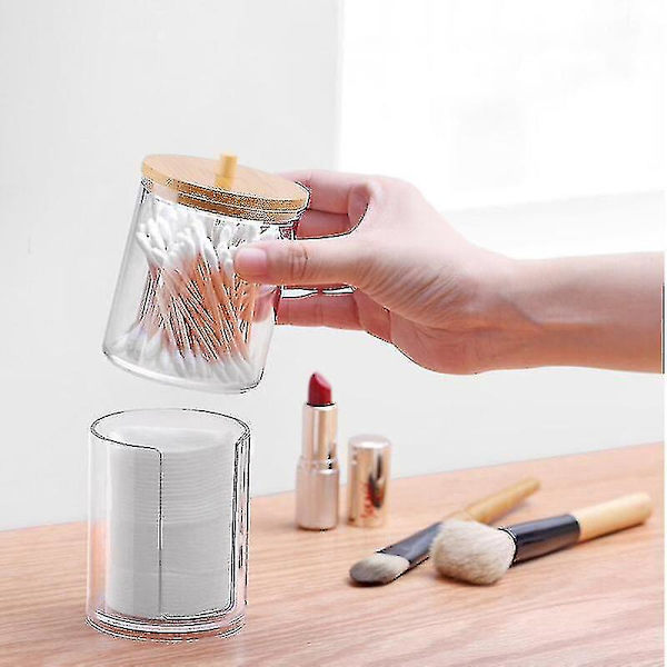 Makeup Vatrondel Organizer Badeværelse Opbevaringsboks Til Vatpinde Kosmetik Smykker Makeupfjerner Vatrondelbeholder Med Bambuslåg
