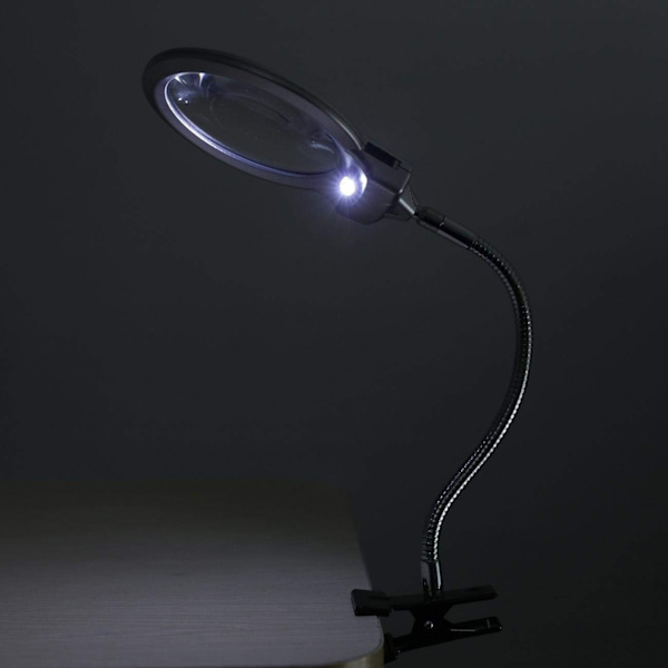 Förstoringsglas med silvermetall slang, LED-belysning, bordslampa, klämma, stor metallfjäder slang