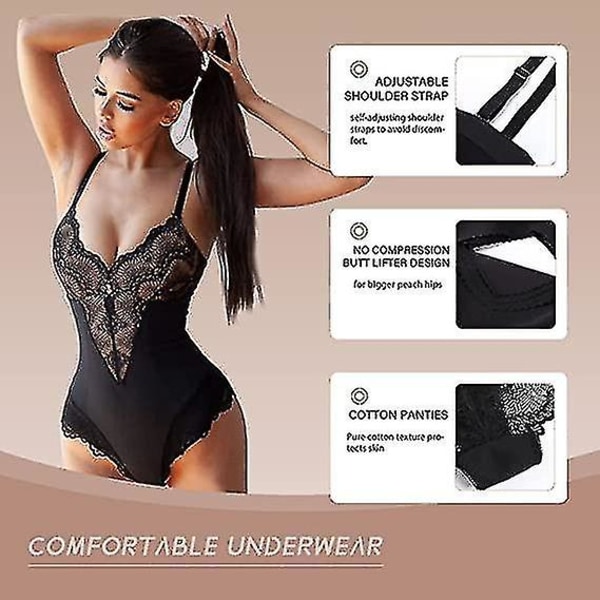 Spetsbody för kvinnor Magkontroll Shapewear V-ringad rygglös kamisole ärmlös smalare toppar2XLBlack 2XL Black