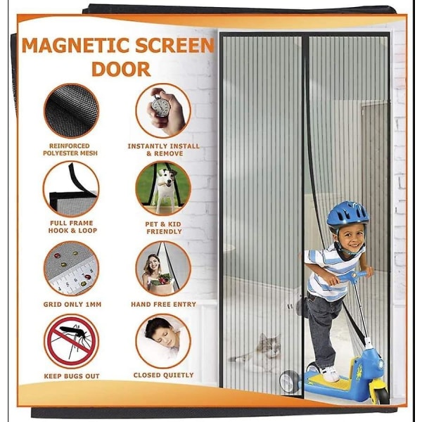 Magnetiskt myggnät för dörrar, olika storlekar, 90 x 210 cm, kraftfulla magneter, automatisk stängning, dörrgardinkorridorer Uteplats utan borrning, svart