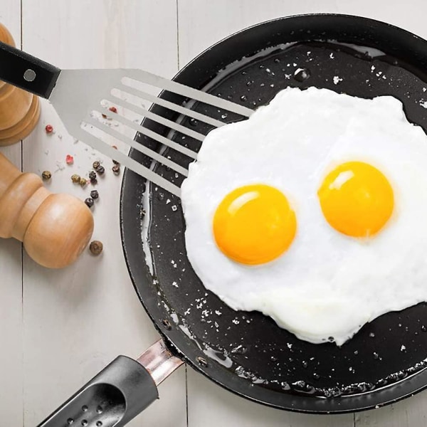 Fiskespade, Slidsgaffel i rustfrit stål, Robust nittet håndtag, Tåler opvaskemaskine, Køkkenmetalskede til vending, stegning og grillning (2 stk., Mu