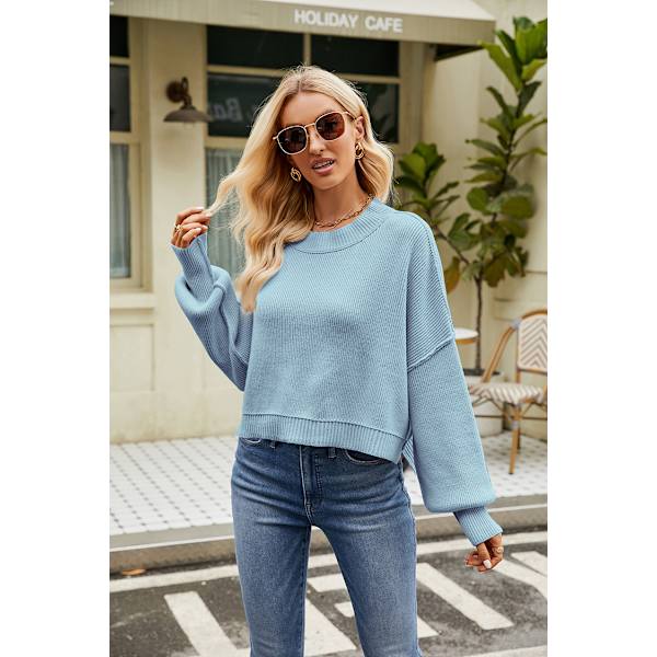 Dam Färgblockade Tröjor Långärmad Rundhalsad Pullover Stickad Jumper Toppar Light blue XS