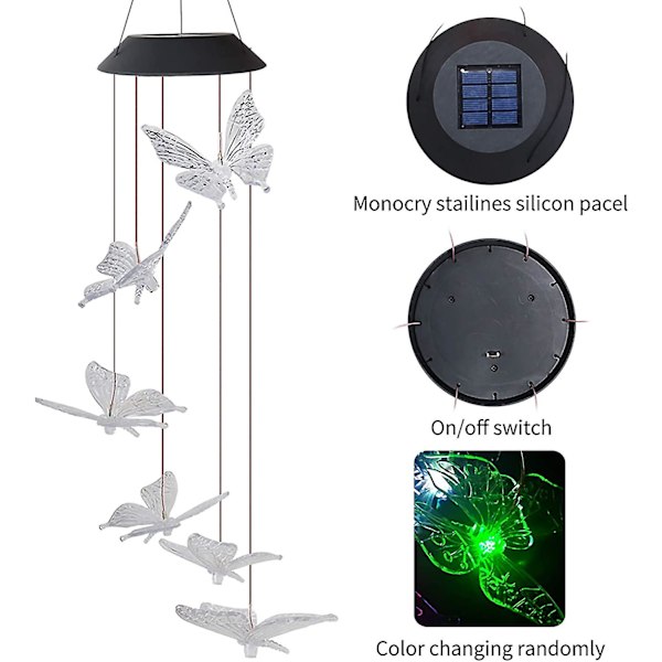 Aurinkoenergialla toimiva tuulipeli, värikkäät RGB-valot, puutarhakoriste, kuusi perhosta, vedenkestävä, automaattinen päälle/pois, loistava lahja jouluun ja ystävänpäivään