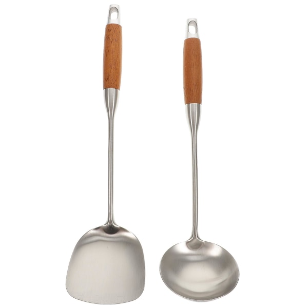 2 Pcs Kitchen Utensil Set Cookware Utensils Set Soup Spoon Wok Spatula Stainless Steel Wok Utensils LadleKhaki36.6X9.5CM