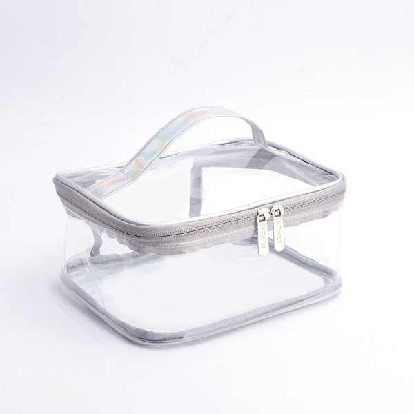 Transparent PVC Makeup Taske Bærbar Vandafvisende Toiletpose Kosmetikpose med Stor Kapacitet Lynlås [HK] Enkelt Lag Sølv