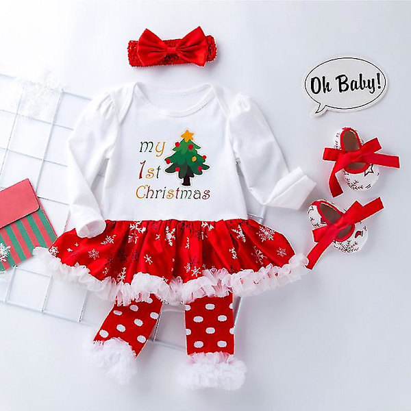 4 kpl/setti Uusien syntyneiden tyttöjen joulumekkoasu Pääpanta Jalkasuojat Kengät Setti L 6-12 kuukautta Joulu sukat Christmas Socks L 6-12 Months