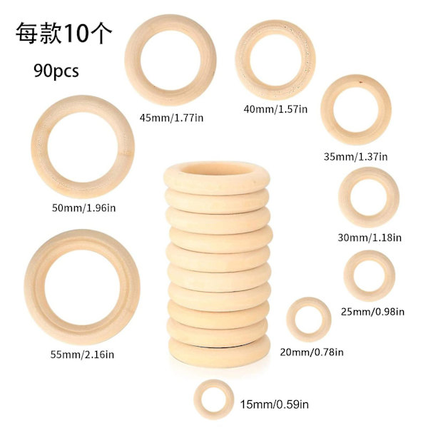 90 Träringar 15-55mm Loggfärgade Träringar; Obehandlade Trä Tumringar; DIY Handväska Spänne