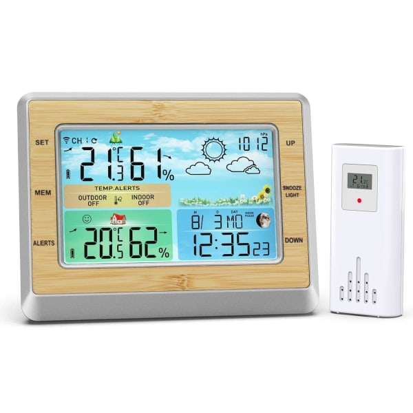 Väderstation Trådlös Inomhus Utomhus Termometer, Färgdisplay Vädertermometer, Digital Temperaturmätare med Barometer, Kalender