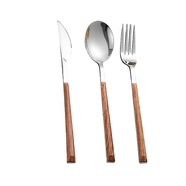 3-pack rostfritt stål bestickset Bärbar bordsduk Imitation trähandtag Gaffel Sked Stekkniv Fruktbestickset (kniv + Sked + Gaffel)