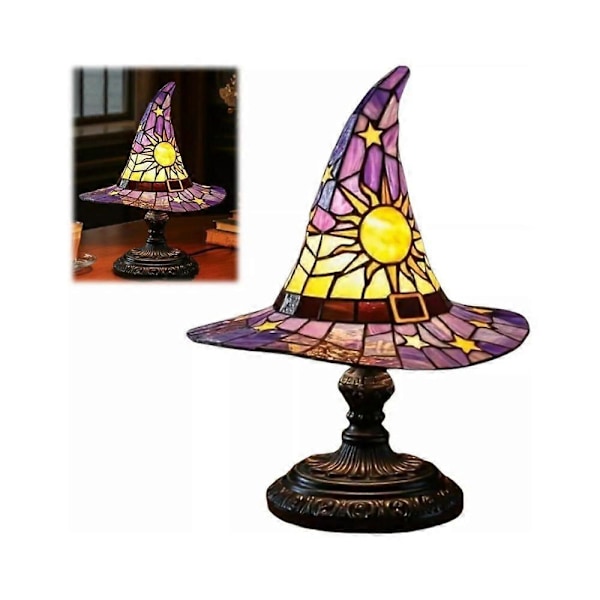 Heksehat Lampe, Håndlavet Gotisk Farvet Resin Natlampe til Soveværelse Purple 18cm