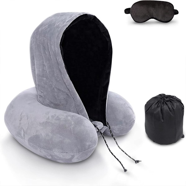Bärbar Resekudde i Memory Foam med Högt Stöd och Huvtröja, U-formad Nackkudde för Flygplan 80_xrzi Sky blue